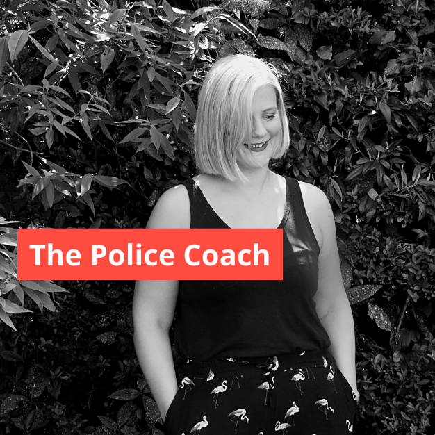 Olivia Standbridge in garden looking down with the police coach written in text box over the top.